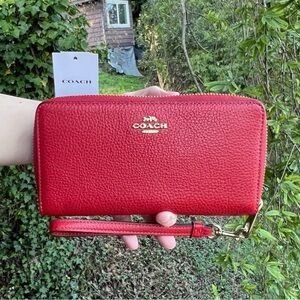 COACH Long Zip-Around Phone Wallet Bold Red Leather w Gold Hardware C4451 NWT